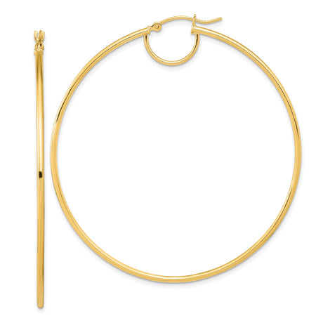 14k Yellow Gold Hoop Earrings, Large Smooth Round Polished Latch-Back Design for Women