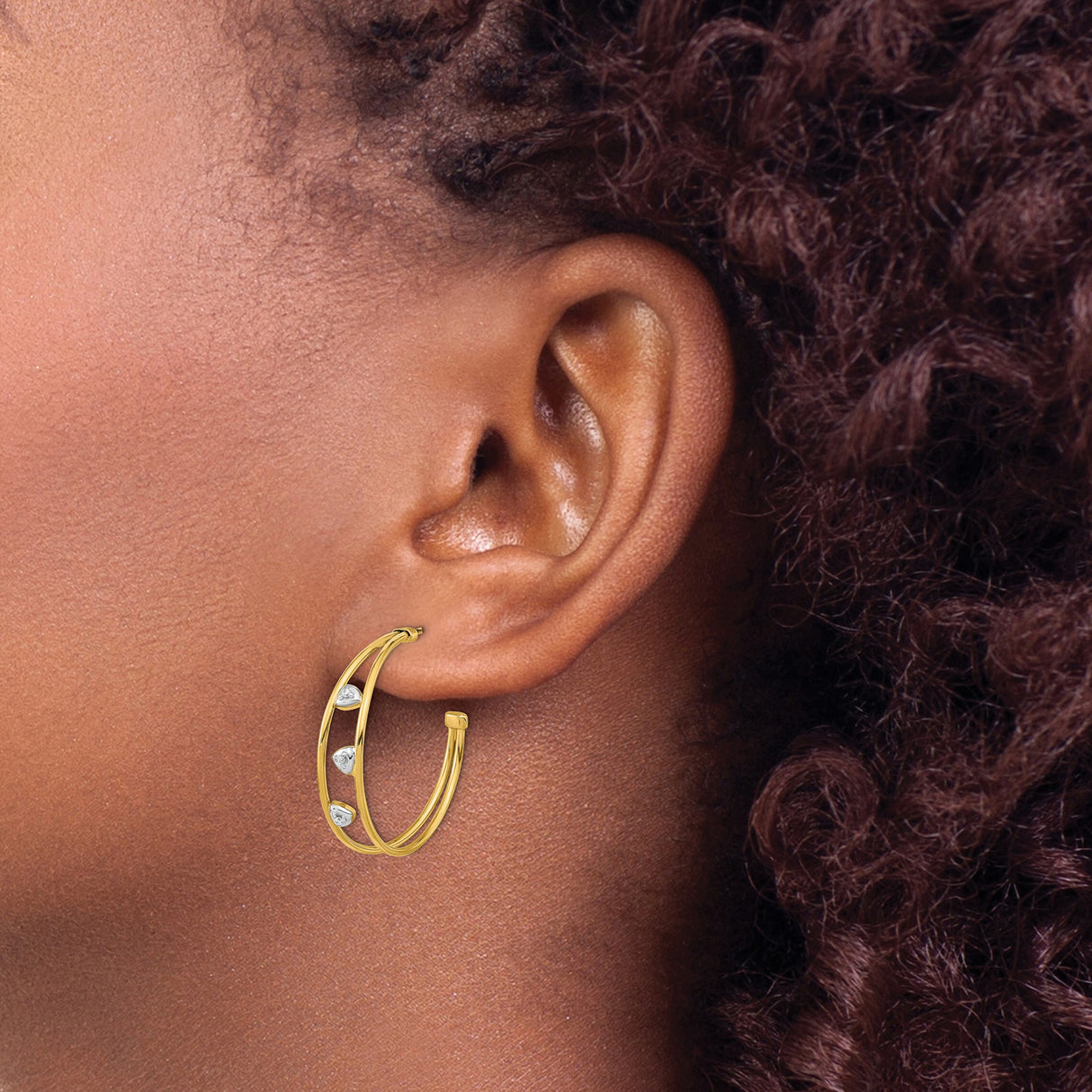 14k Yellow Gold Hoop Earrings with Cubic Zirconia, Split Double Hoop and Teardrop Design