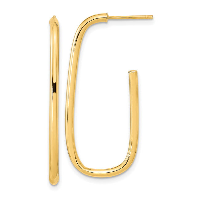 14k Yellow Gold Hoop Earrings, Elongated Oval, High Polish, Lightweight Modern Design for Women