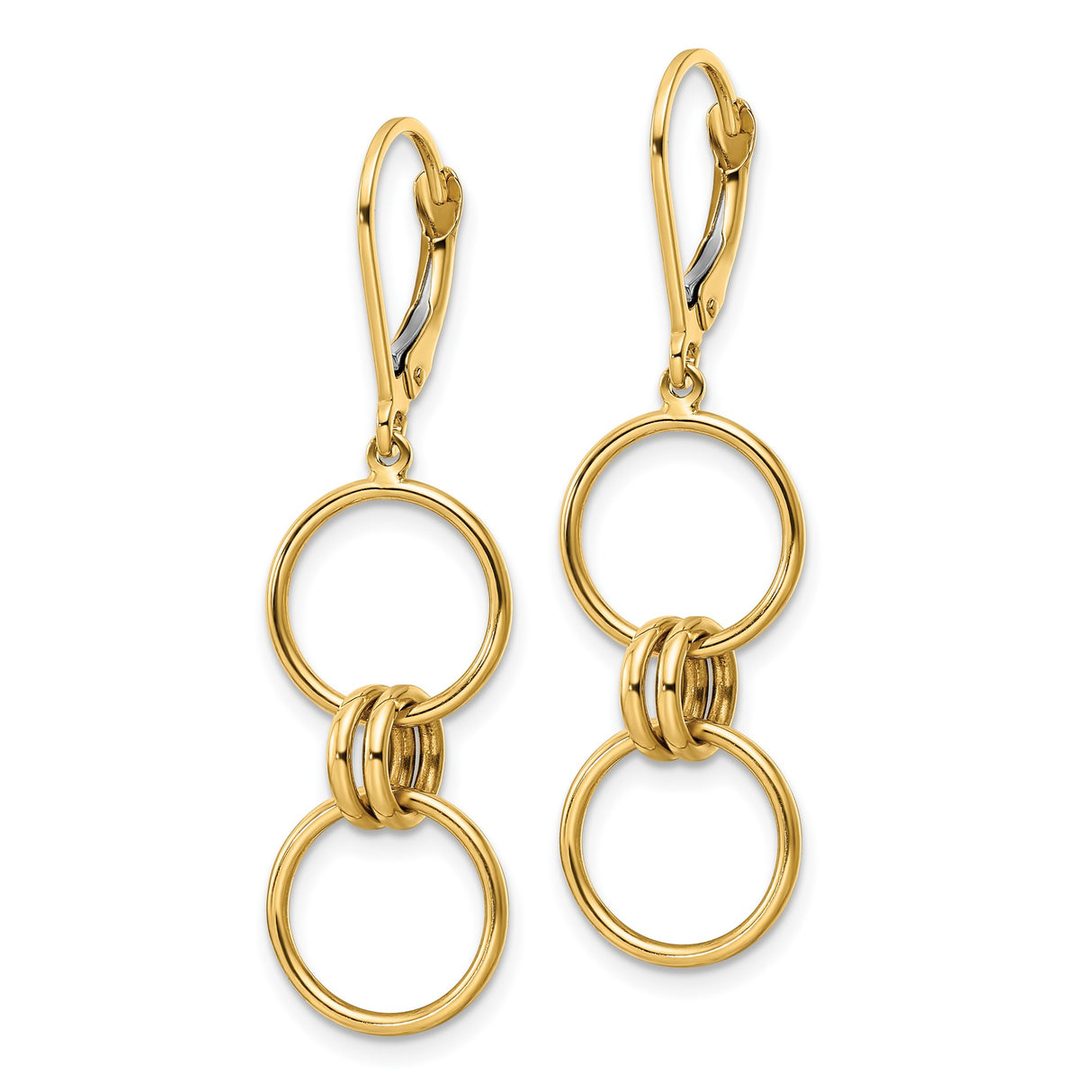 14k Yellow Gold Dangle Earrings with Interlocking Open Circle Links, Geometric Design