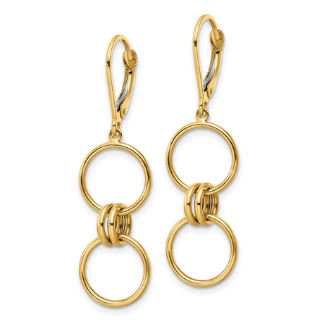 14k Yellow Gold Dangle Earrings with Interlocking Open Circle Links, Geometric Design