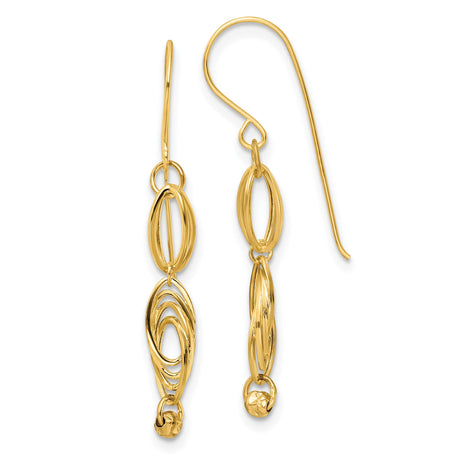 14k Yellow Gold Dangle Earrings with Interlocking Marquise Open Links and Textured Bead Accent
