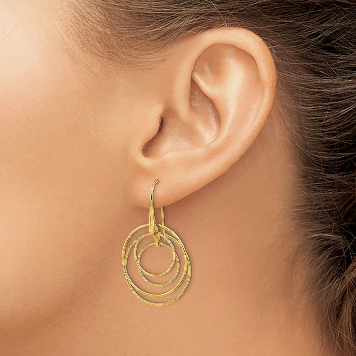 14k Yellow Gold Dangle Earrings with Open Circle Hoops, Lightweight Minimalist Drop Style