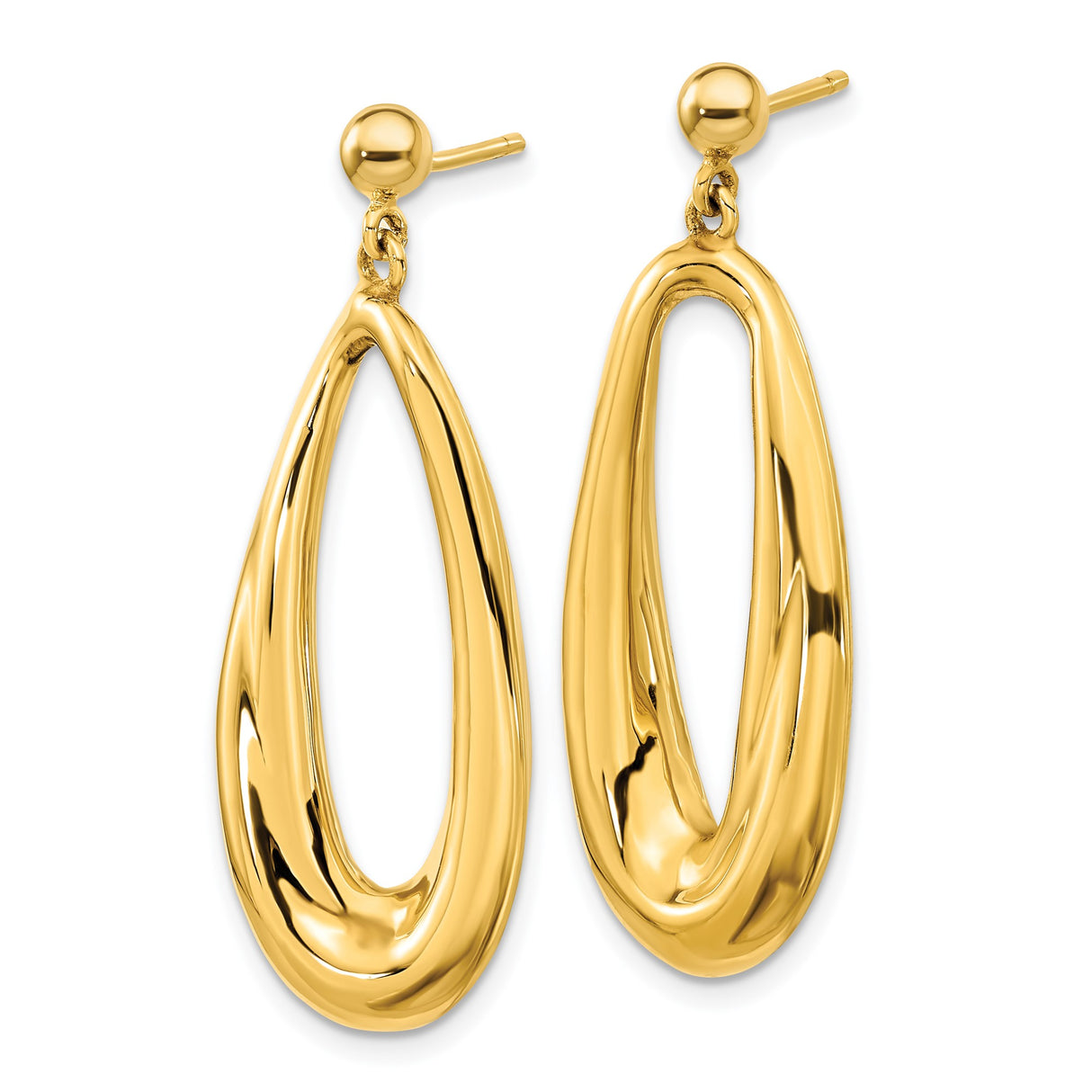 14k Yellow Gold Drop Earrings, Twisted Open Teardrop Design with Polished Finish