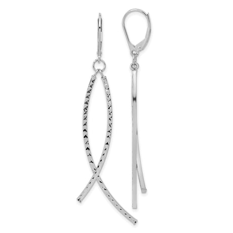 14k White Gold Dangle Earrings with Crisscross Bar and Abstract Fish Design