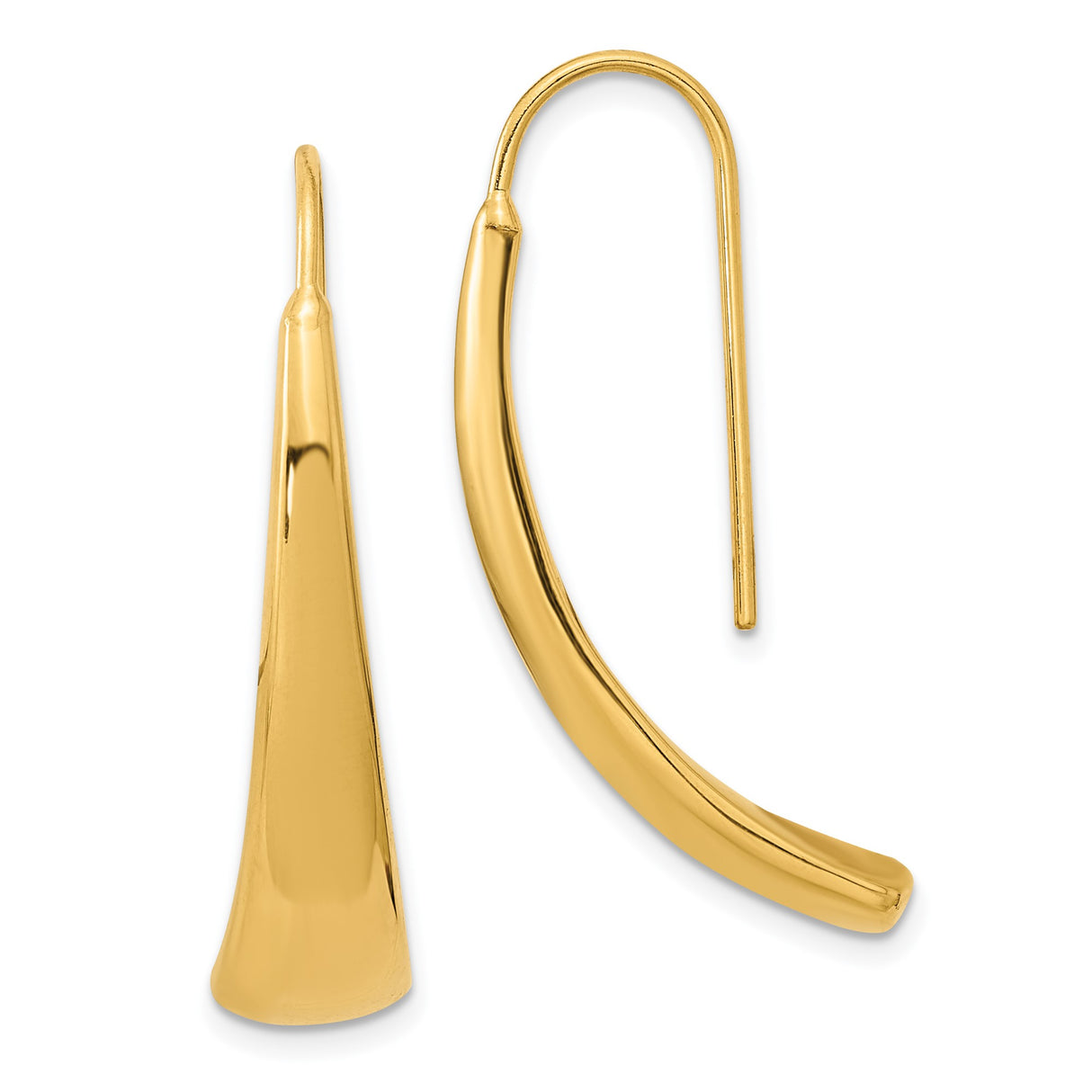14k Yellow Gold Drop Earrings, Sleek Curved Dangle Design with Polished Finish