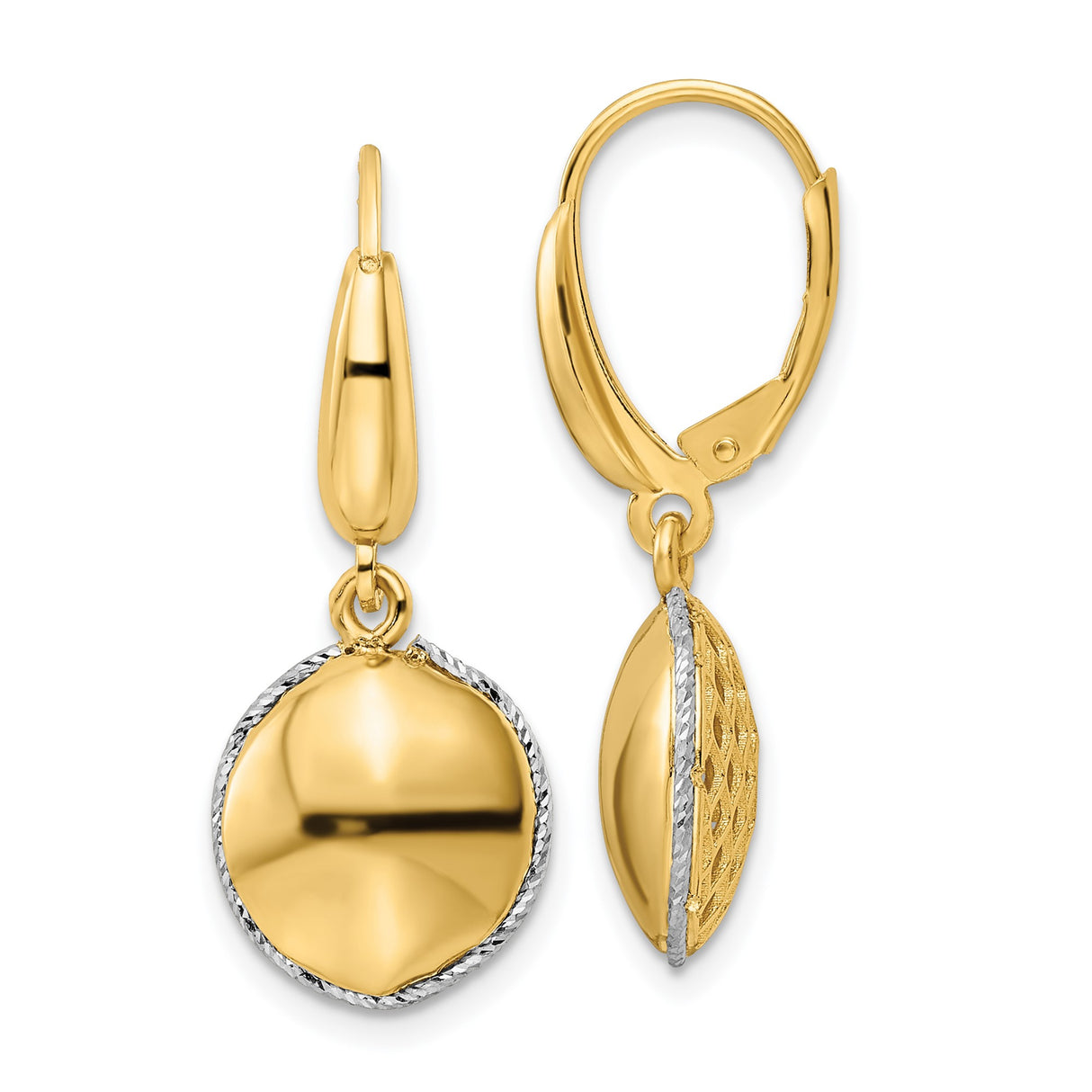 14k Two-Tone Gold Drop Earrings with Polished Dome and Diamond-Cut Edges