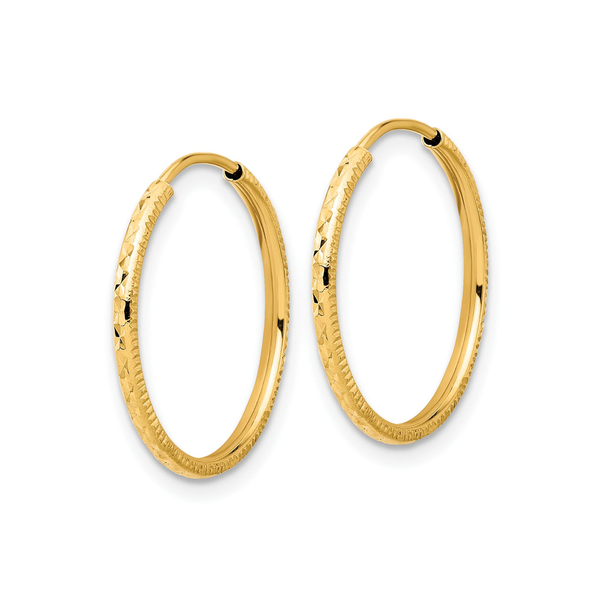 14k Yellow Gold Hoop Earrings, Textured Diamond Cut, Polished Lightweight Design