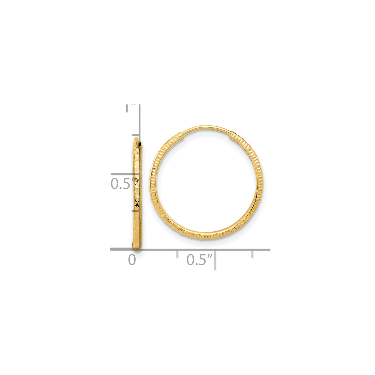 14k Yellow Gold Hoop Earrings, Textured Diamond Cut, Polished Lightweight Design