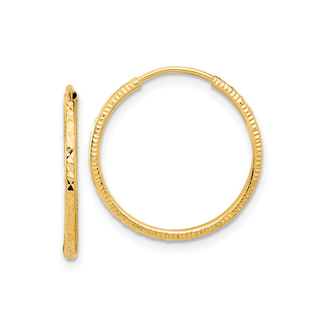 14k Yellow Gold Hoop Earrings, Textured Diamond Cut, Polished Lightweight Design