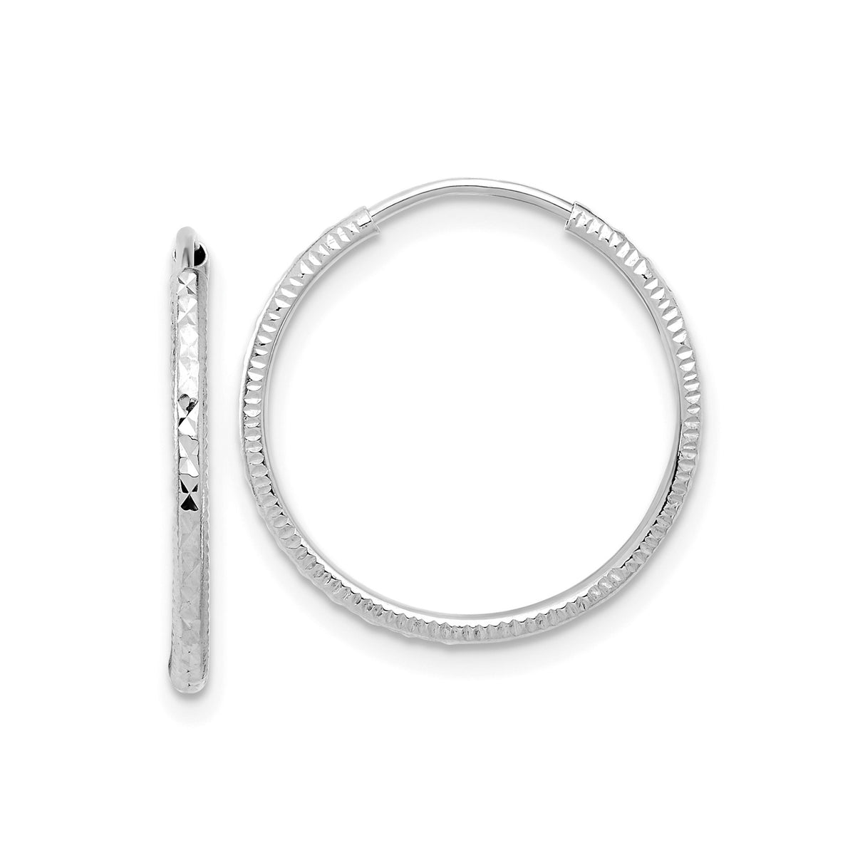 14k White Gold Hoop Earrings, Textured Diamond Cut Finish, Lightweight Polished Design