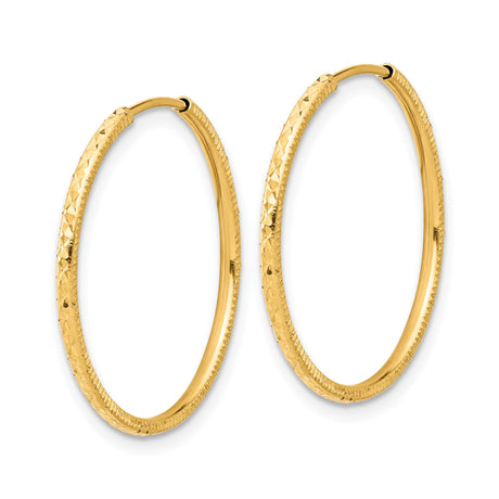14k Yellow Gold Hoop Earrings, Textured Diamond Cut Polished Finish, Lightweight Everyday Style