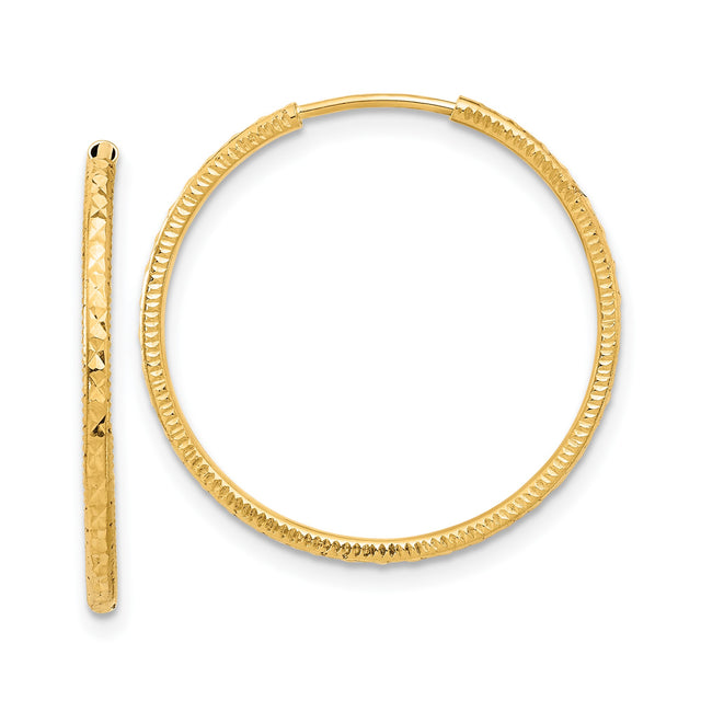 14k Yellow Gold Hoop Earrings, Textured Diamond Cut Polished Finish, Lightweight Everyday Style