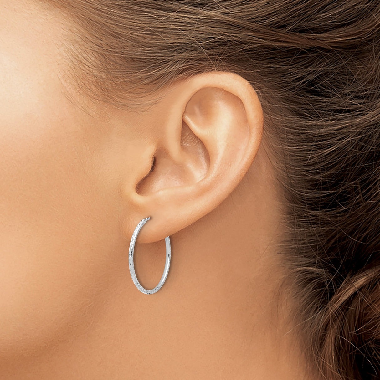14k White Gold Hoop Earrings, Diamond-Cut Textured, Polished Round Design for Women