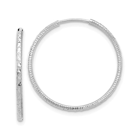 14k White Gold Hoop Earrings, Diamond-Cut Textured, Polished Round Design for Women