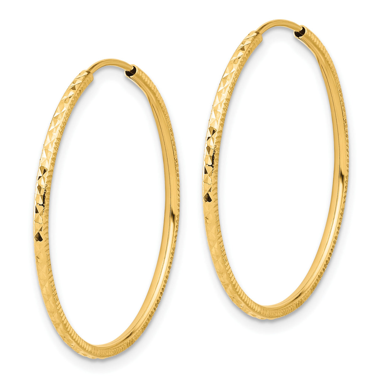 14k Yellow Gold Hoop Earrings with Textured Diamond-Cut Design, Large Lightweight Endless Style