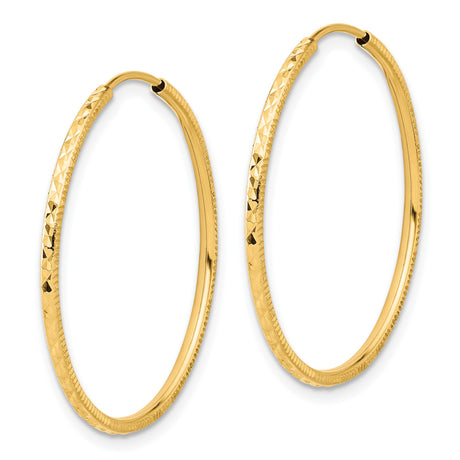 14k Yellow Gold Hoop Earrings with Textured Diamond-Cut Design, Large Lightweight Endless Style