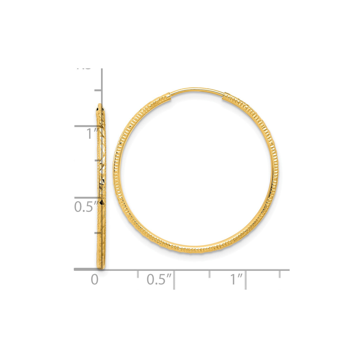 14k Yellow Gold Hoop Earrings with Textured Diamond-Cut Design, Large Lightweight Endless Style