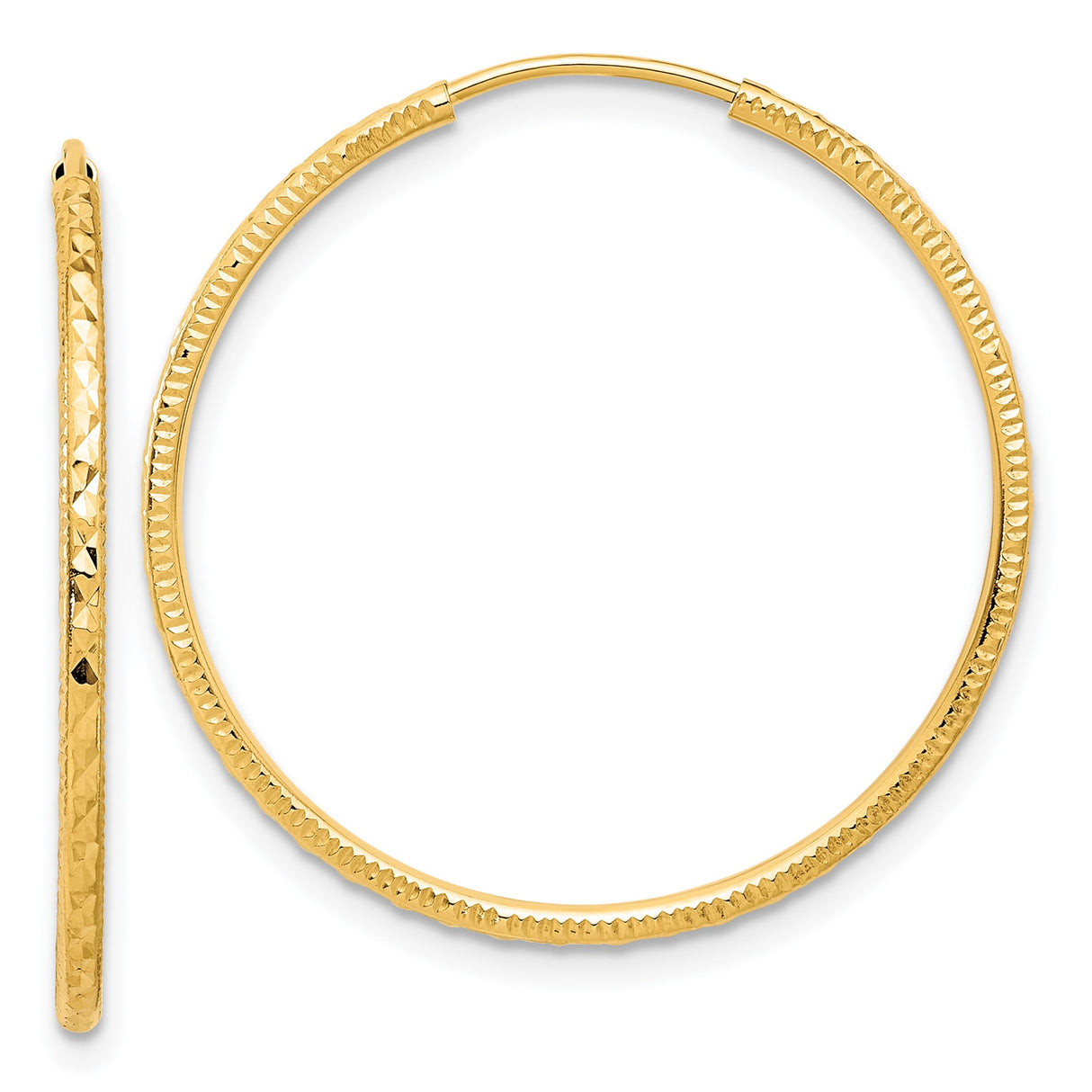14k Yellow Gold Hoop Earrings with Textured Diamond-Cut Design, Large Lightweight Endless Style