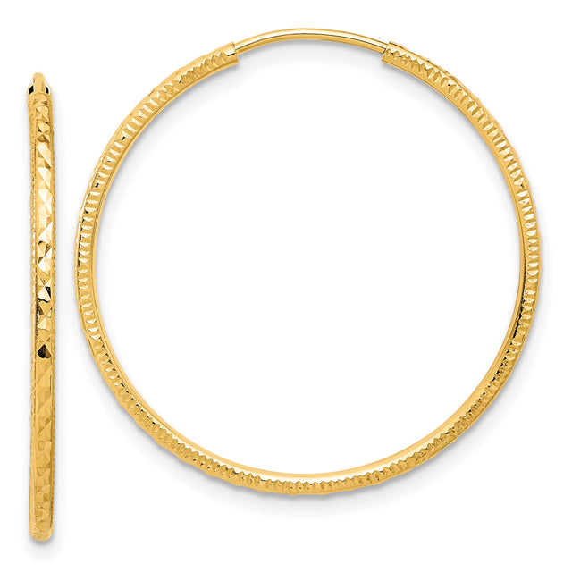 14k Yellow Gold Hoop Earrings with Textured Diamond-Cut Design, Large Lightweight Endless Style