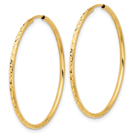 14k Yellow Gold Hoop Earrings with Textured Diamond Cut Design, Large Lightweight Style
