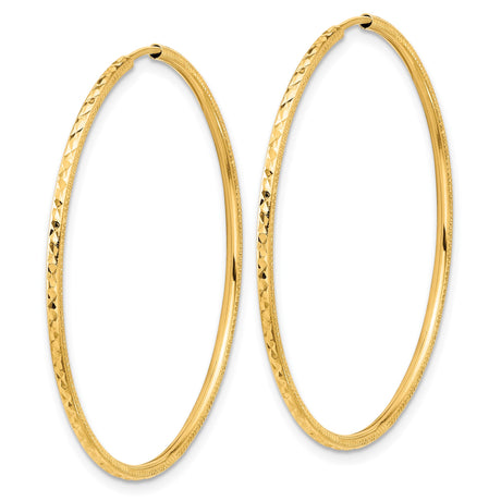 14k Yellow Gold Hoop Earrings, Large Textured Diamond Cut Polished Finish, Lightweight Design for Women