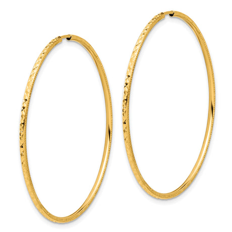 14k Yellow Gold Hoop Earrings, Large Diamond-Cut Textured Finish, Lightweight Fashion Jewelry for Women