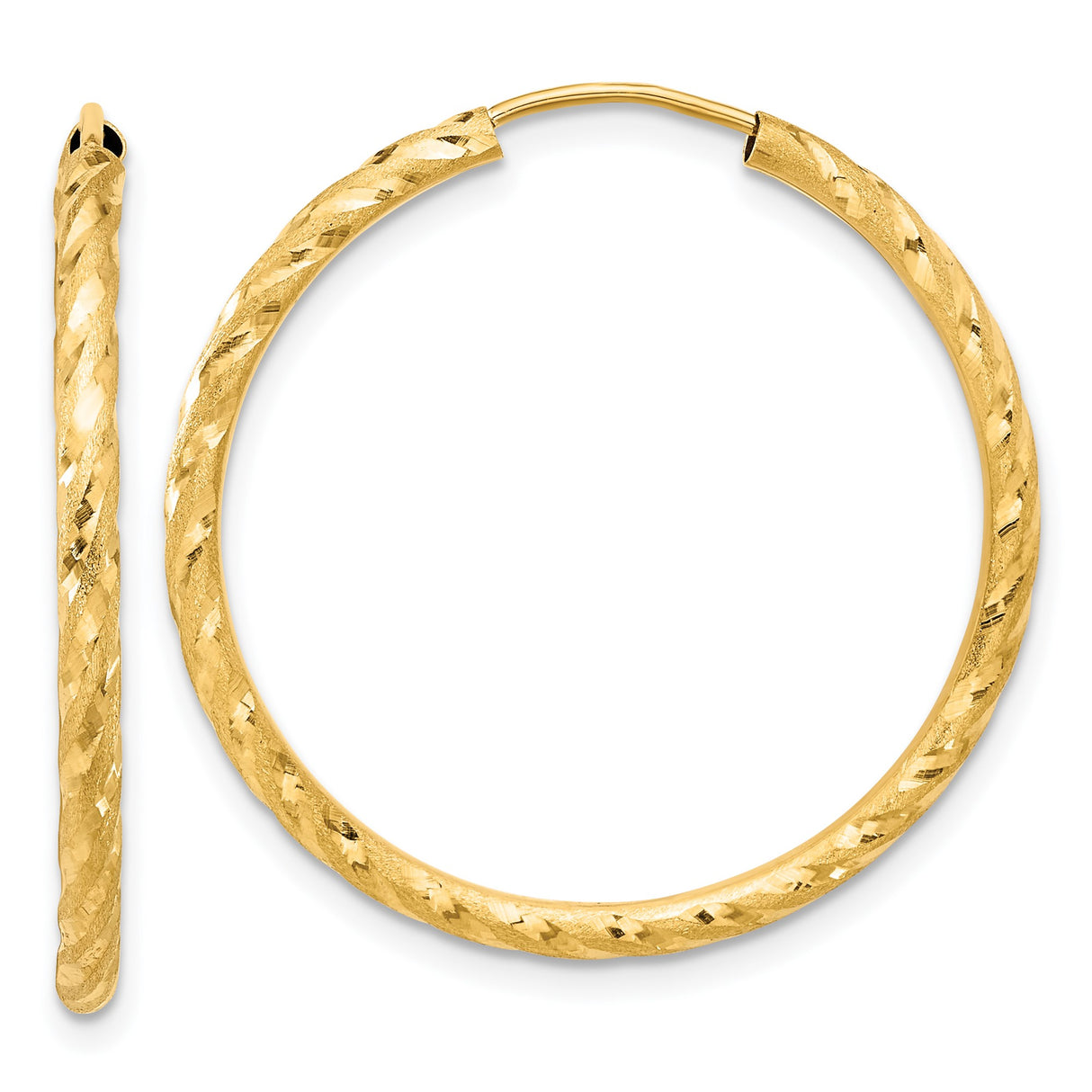 14k Yellow Gold Hoop Earrings, Textured Diamond Cut Twisted Design with Hinged Clasp