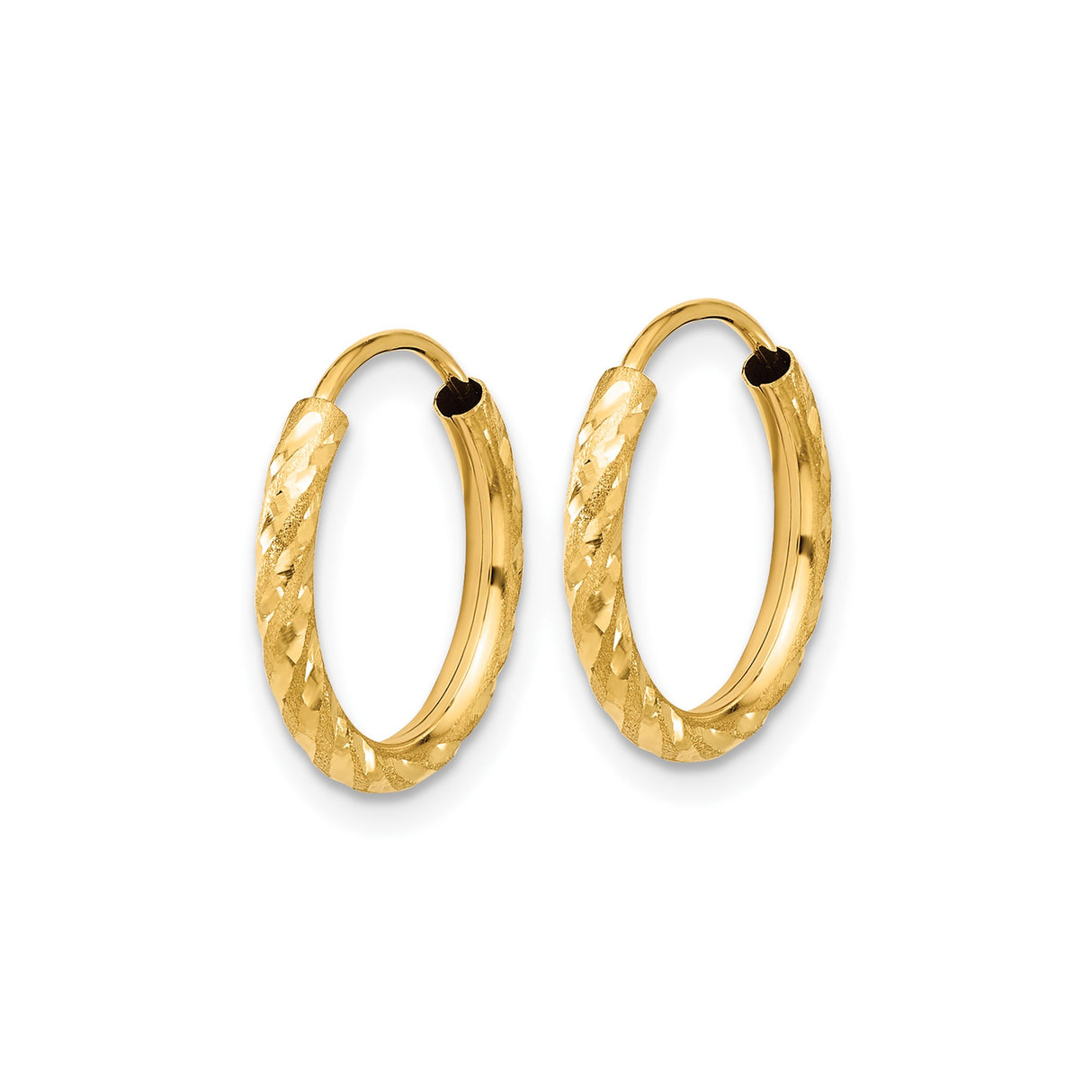 14k Yellow Gold Hoop Earrings with Twisted Diamond Cut Texture, Endless Lightweight Design