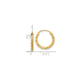 14k Yellow Gold Hoop Earrings with Twisted Diamond Cut Texture, Endless Lightweight Design