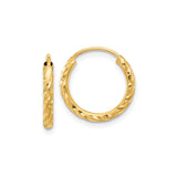 14k Yellow Gold Hoop Earrings with Twisted Diamond Cut Texture, Endless Lightweight Design