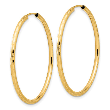 14k Yellow Gold Hoop Earrings, Textured Diamond Cut Large Hoops with Polished Finish