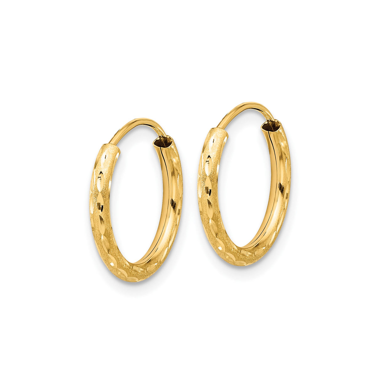 14k Yellow Gold Hoop Earrings, Textured Diamond Cut and Satin Finish, Latch Back Closure