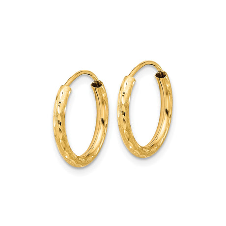 14k Yellow Gold Hoop Earrings, Textured Diamond Cut and Satin Finish, Latch Back Closure