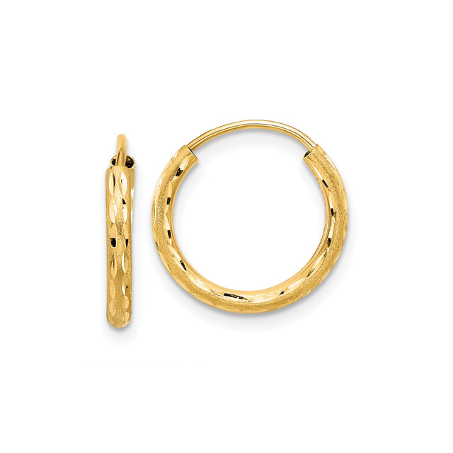 14k Yellow Gold Hoop Earrings, Textured Diamond Cut and Satin Finish, Latch Back Closure