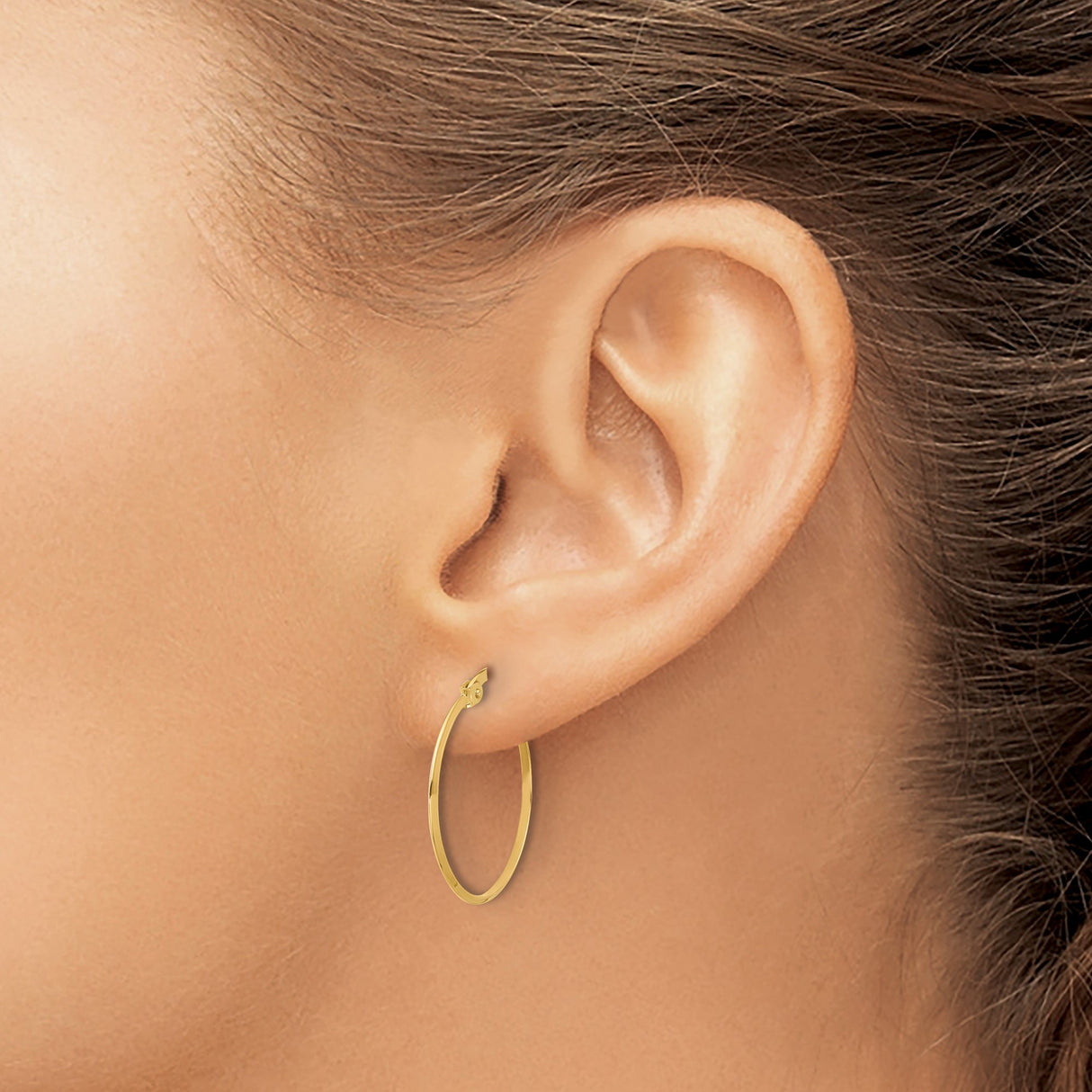 14k Yellow Gold Hoop Earrings, Polished Medium Round Hoops with Latch Back Closure