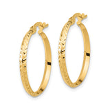 14k Yellow Gold Hoop Earrings with Textured Diamond Cut Design, Latch Back Closure