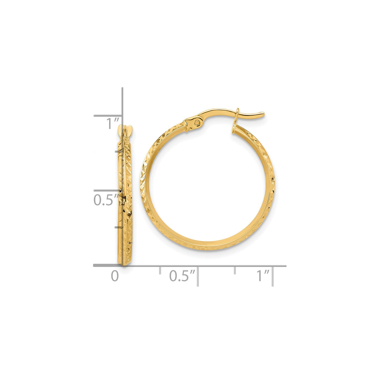 14k Yellow Gold Hoop Earrings with Textured Diamond Cut Design, Latch Back Closure