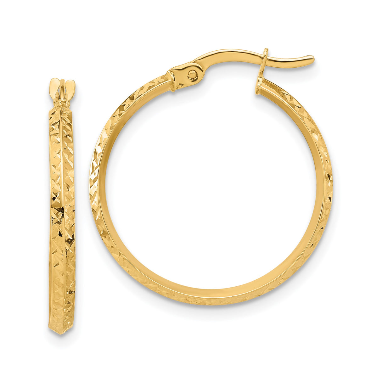14k Yellow Gold Hoop Earrings with Textured Diamond Cut Design, Latch Back Closure
