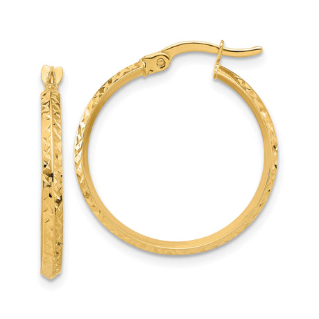 14k Yellow Gold Hoop Earrings with Textured Diamond Cut Design, Latch Back Closure
