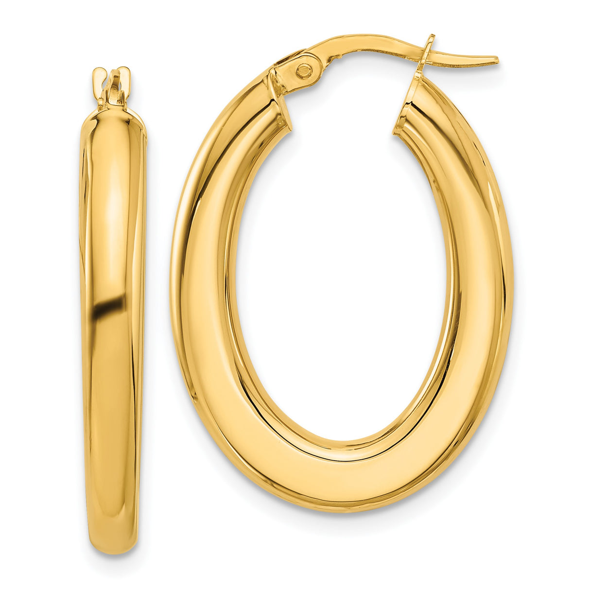 14k Yellow Gold Oval Hoop Earrings, Polished Smooth Finish, Lightweight Minimalist Design