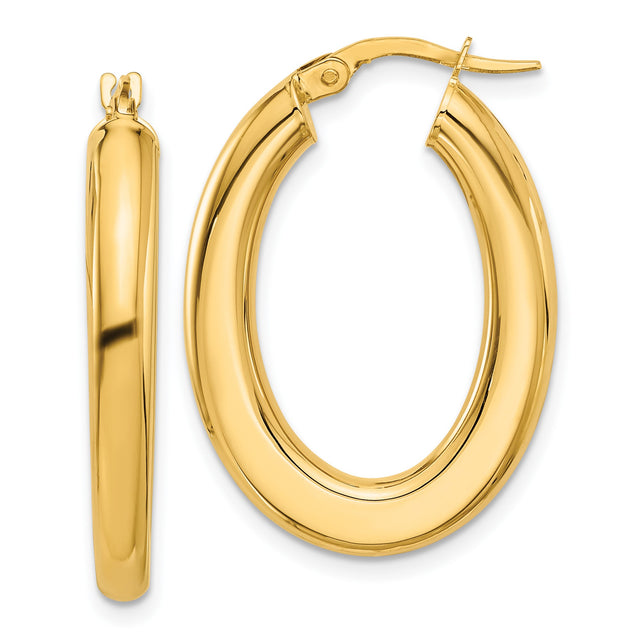 14k Yellow Gold Oval Hoop Earrings, Polished Smooth Finish, Lightweight Minimalist Design
