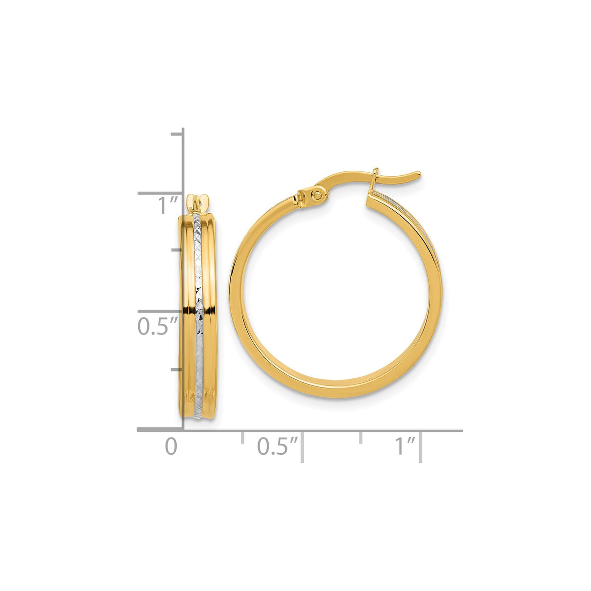 14k Yellow Gold Hoop Earrings with Diamond-Cut Rhodium Stripe, Polished Two-Tone Design for Women