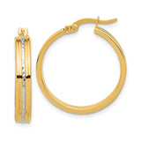 14k Yellow Gold Hoop Earrings with Diamond-Cut Rhodium Stripe, Polished Two-Tone Design for Women