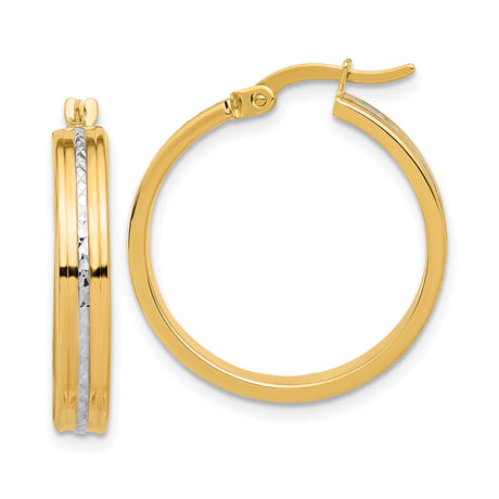 14k Yellow Gold Hoop Earrings with Diamond-Cut Rhodium Stripe, Polished Two-Tone Design for Women