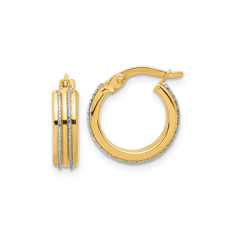 14k Yellow and White Gold Hoop Earrings, Small Two-Tone Polished and Textured Design