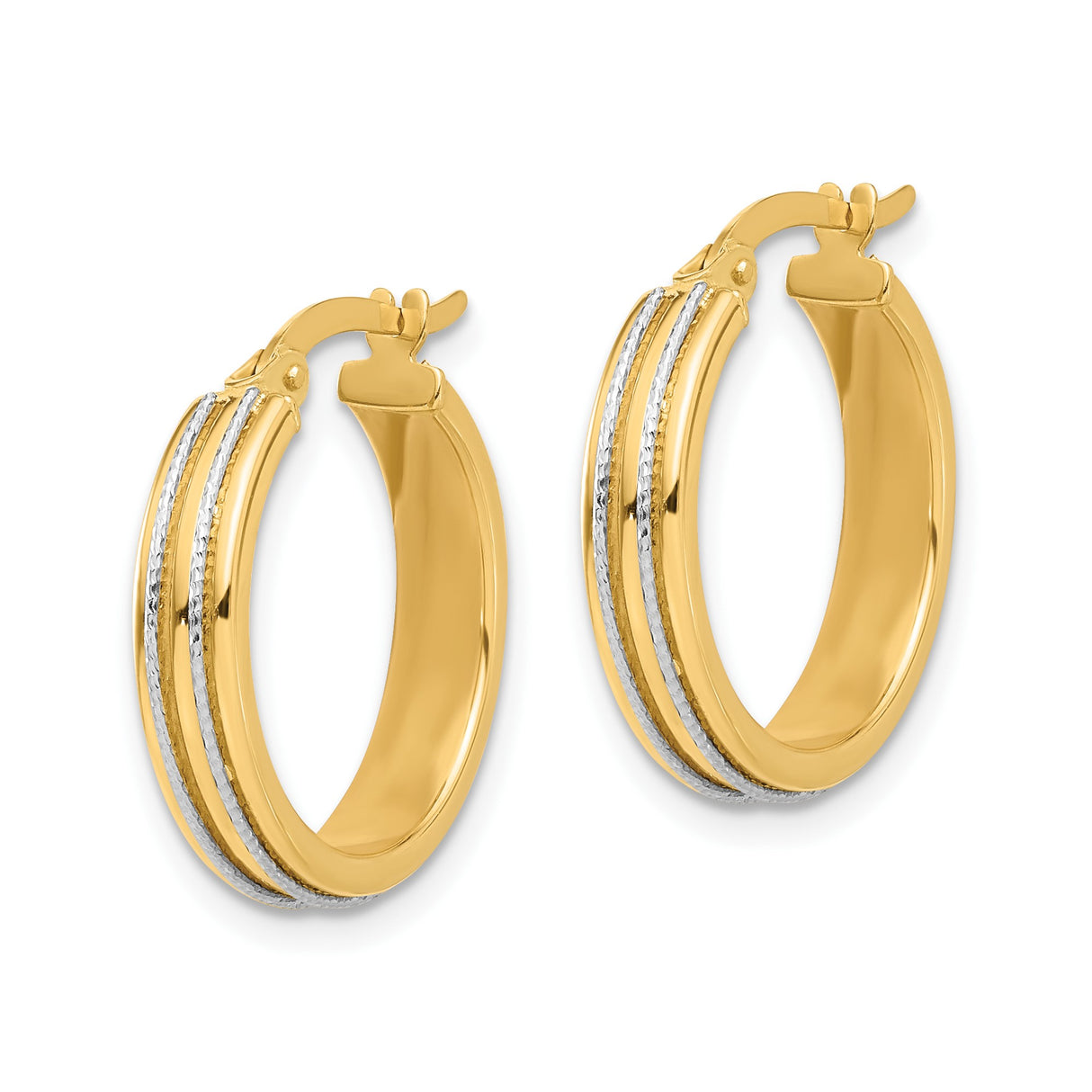 14k Two-Tone Gold Hoop Earrings with Textured Accents and Latch Back Closure for Women