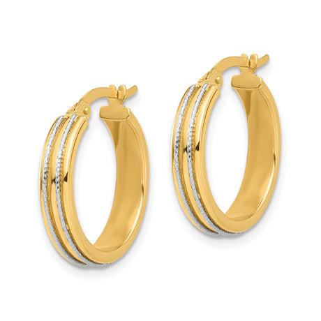 14k Two-Tone Gold Hoop Earrings with Textured Accents and Latch Back Closure for Women