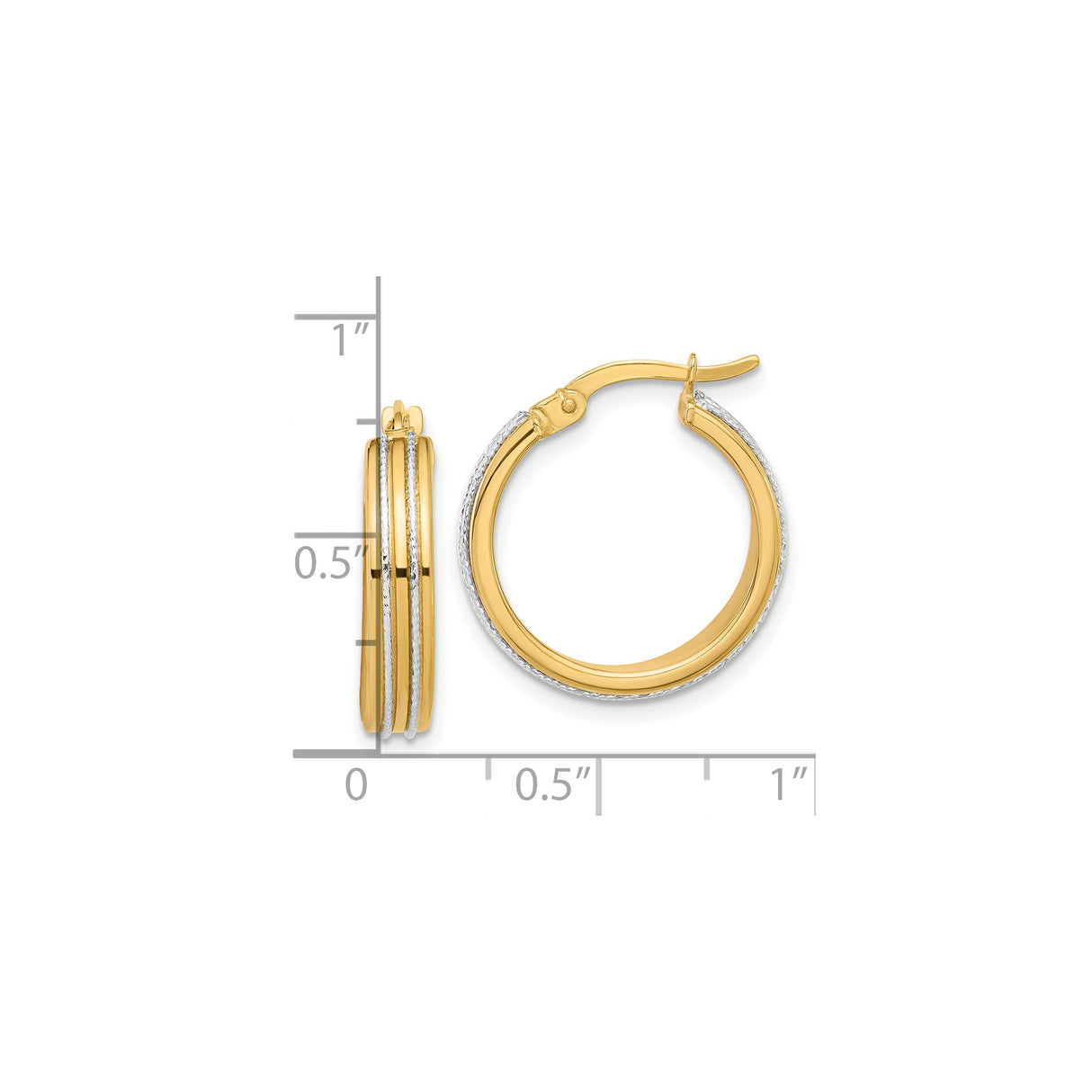 14k Two-Tone Gold Hoop Earrings with Textured Accents and Latch Back Closure for Women