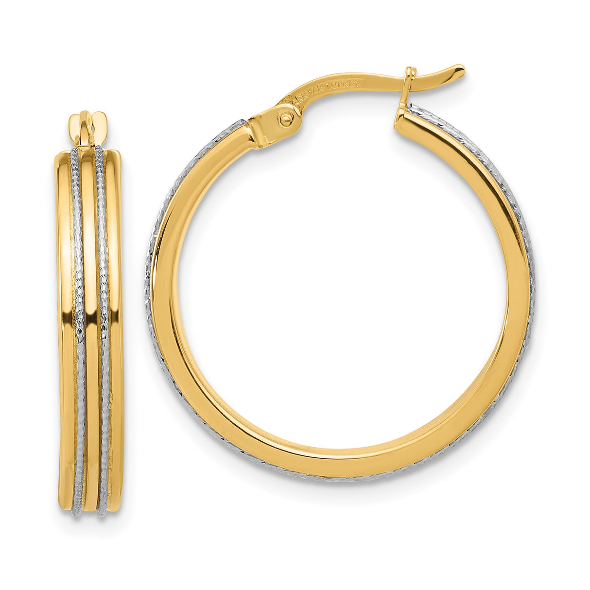 14k Yellow Gold Hoop Earrings, Two-Tone with Textured White Gold Accents, Classic Round Design